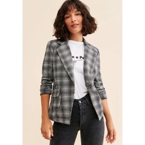 Anthropologie Maeve Collegiate Plaid Blazer Jacket Womens Size‎ Large Grey Black